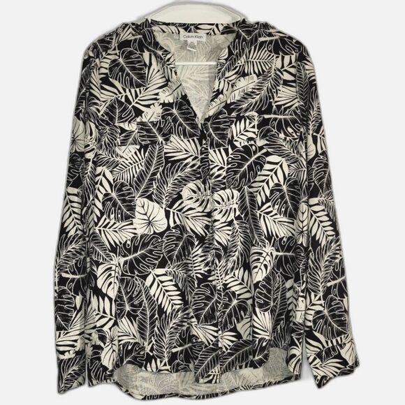 New Calvin Klein Linen Tropical Button Up Top Medium - Picture 1 of 8